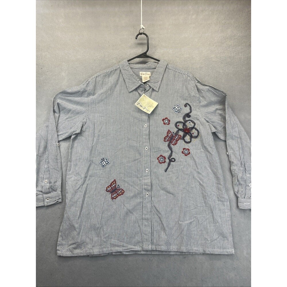Bobbie Brooks Floral Butterfly Applique Blue Striped Blouse XL Y2K Vintage  nwt